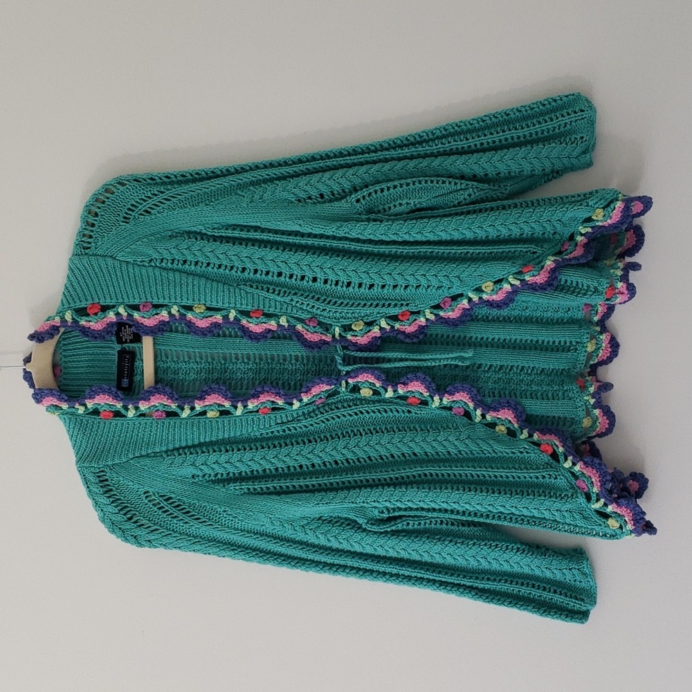 Vintage Teal Green Crocheted Sweater With Multicolored Crochet Trim Size Large
